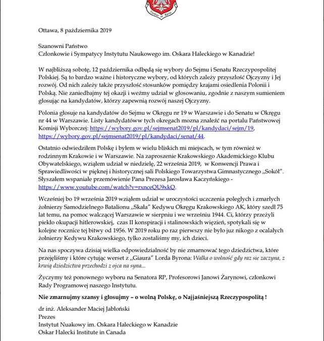 Oświadczenie Prezesa Instytutu Naukowego im. Oskara Haleckiego