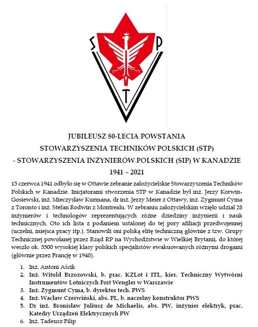 Jubileusz 80-lecia powstania Stowarzyszenia Techników Polskich (STP)-Stowarzyszenia Inżynierów Polskich (SIP) w Kanadzie (1941-2021) – OPRACOWANIE