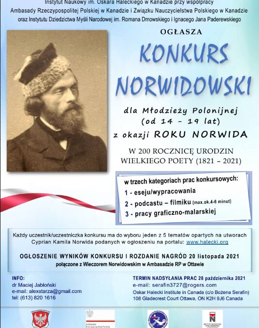 Zawiadomienie o Konkursie Norwidowskim dla młodzieży polonijnej od 14 – 19 lat