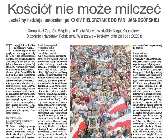 Ważny nowy komunikat Zespołu Wspierania Radia Maryja z 20.07.2025